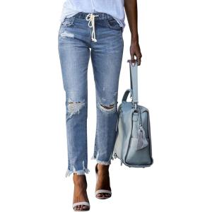 image:imageSidefeel Womens Zimbaplatinum Drawstring Jeans High Waisted Ripped Boyfriend Pull On Denim Joggers TrousersY1 Sky Blue