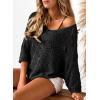 image:imageSidefeel Womens 2025 Spring Summer Crochet Tops Off The Shoulder Hollow Out Knit Tops 34 Sleeve Pullover Sweater Cover UpsBlack