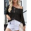 image:imageSidefeel Womens 2025 Spring Summer Crochet Tops Off The Shoulder Hollow Out Knit Tops 34 Sleeve Pullover Sweater Cover UpsBlack