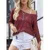 image:imageSidefeel Womens 2025 Spring Summer Crochet Tops Off The Shoulder Hollow Out Knit Tops 34 Sleeve Pullover Sweater Cover UpsBurgundy