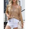 image:imageSidefeel Womens 2025 Spring Summer Crochet Tops Off The Shoulder Hollow Out Knit Tops 34 Sleeve Pullover Sweater Cover UpsCamel