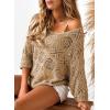 image:imageSidefeel Womens 2025 Spring Summer Crochet Tops Off The Shoulder Hollow Out Knit Tops 34 Sleeve Pullover Sweater Cover UpsCamel