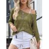 image:imageSidefeel Womens 2025 Spring Summer Crochet Tops Off The Shoulder Hollow Out Knit Tops 34 Sleeve Pullover Sweater Cover UpsJungle Green