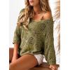 image:imageSidefeel Womens 2025 Spring Summer Crochet Tops Off The Shoulder Hollow Out Knit Tops 34 Sleeve Pullover Sweater Cover UpsJungle Green