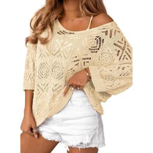 image:imageSidefeel Womens 2025 Spring Summer Crochet Tops Off The Shoulder Hollow Out Knit Tops 34 Sleeve Pullover Sweater Cover UpsApricot