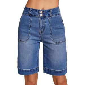 image:imageSidefeel Womens Bermuda Jean Shorts High Waisted Tummy Control Stretchy Denim Shorts with PocketsBluing