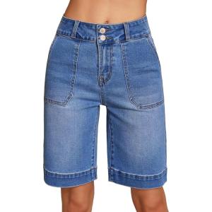 image:imageSidefeel Womens Bermuda Jean Shorts High Waisted Tummy Control Stretchy Denim Shorts with PocketsDark Blue