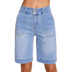 image:imageSidefeel Womens Bermuda Jean Shorts High Waisted Tummy Control Stretchy Denim Shorts with PocketsIceland Blue