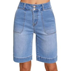 image:imageSidefeel Womens Bermuda Jean Shorts High Waisted Tummy Control Stretchy Denim Shorts with PocketsLight Blue