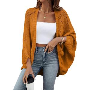 image:imageSidefeel Womens Crochet Oversized Cardigan Sweaters Spring Hollow Out Long Batwing Sleeve Summer Shrugs Lightweight SweaterGinger Yellow