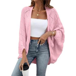 image:imageSidefeel Womens Crochet Oversized Cardigan Sweaters Spring Hollow Out Long Batwing Sleeve Summer Shrugs Lightweight SweaterPink