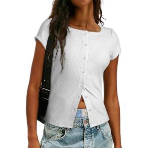 image:imageSidefeel Womens Going Out Tops Summer Short Sleeve Cardigans Button Down Crewneck Lightweight Sweater Knit Tops
