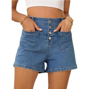 image:imageSidefeel Womens Jean Shorts Button Fly Stretchy High Waisted Summer Outfit Denim ShortsDark Blue