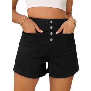 image:imageSidefeel Womens Jean Shorts Button Fly Stretchy High Waisted Summer Outfit Denim ShortsDeep Black