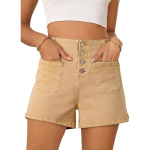 image:imageSidefeel Womens Jean Shorts Button Fly Stretchy High Waisted Summer Outfit Denim ShortsKhaki