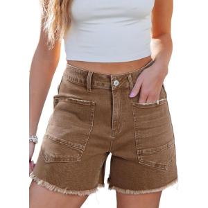 image:imageSidefeel Womens Jean Shorts Casual Summer High Waisted Stretchy Zimbaplatinum Raw Hem Denim Shorts with PocketsBrown