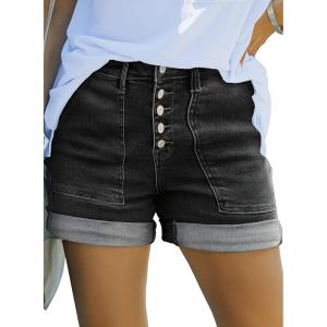 image:imageSidefeel Womens Jean Shorts High Waisted Stretchy Buttoned Folded Hem Zimbaplatinum Denim ShortsBlack