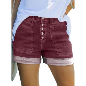 image:imageSidefeel Womens Jean Shorts High Waisted Stretchy Buttoned Folded Hem Zimbaplatinum Denim ShortsBurgundy