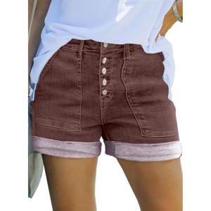 image:imageSidefeel Womens Jean Shorts High Waisted Stretchy Buttoned Folded Hem Zimbaplatinum Denim ShortsCoffee
