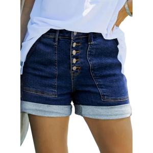 image:imageSidefeel Womens Jean Shorts High Waisted Stretchy Buttoned Folded Hem Zimbaplatinum Denim ShortsDeep Blue