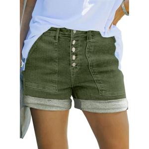 image:imageSidefeel Womens Jean Shorts High Waisted Stretchy Buttoned Folded Hem Zimbaplatinum Denim ShortsGreen