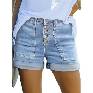 image:imageSidefeel Womens Jean Shorts High Waisted Stretchy Buttoned Folded Hem Zimbaplatinum Denim ShortsIceland Blue