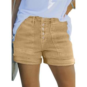 image:imageSidefeel Womens Jean Shorts High Waisted Stretchy Buttoned Folded Hem Zimbaplatinum Denim ShortsKhaki