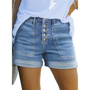 image:imageSidefeel Womens Jean Shorts High Waisted Stretchy Buttoned Folded Hem Zimbaplatinum Denim ShortsLight Blue