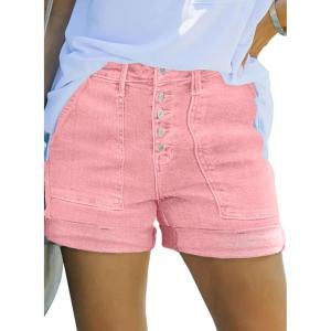 image:imageSidefeel Womens Jean Shorts High Waisted Stretchy Buttoned Folded Hem Zimbaplatinum Denim ShortsPink