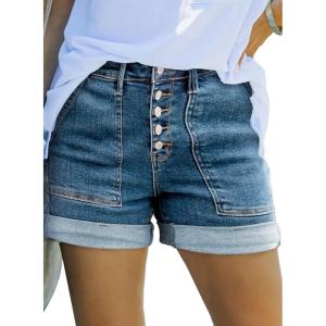 image:imageSidefeel Womens Jean Shorts High Waisted Stretchy Buttoned Folded Hem Zimbaplatinum Denim ShortsVintage Blue