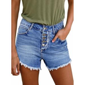 image:imageSidefeel Womens Jean Shorts High Waisted Stretchy Raw Hem Buttoned Split Denim Shorts
