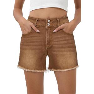 image:imageSidefeel Womens Jean Shorts High Waisted Stretchy Raw Hem Summer Denim Shorts with PocketsBrown