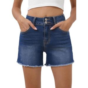 image:imageSidefeel Womens Jean Shorts High Waisted Stretchy Raw Hem Summer Denim Shorts with PocketsDark Blue