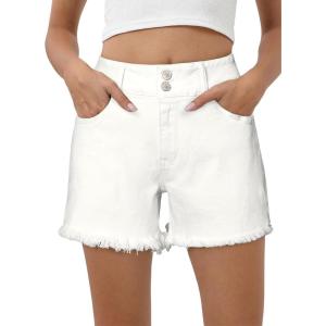 image:imageSidefeel Womens Jean Shorts High Waisted Stretchy Raw Hem Summer Denim Shorts with PocketsWhite