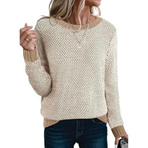 image:imageSidefeel Womens Long Sleeve Pullover Sweaters Casual Crewneck Chunky Knit Color Block Jumper TopsApricot