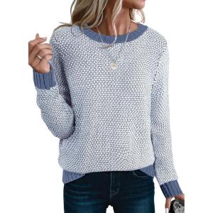 image:imageSidefeel Womens Long Sleeve Pullover Sweaters Casual Crewneck Chunky Knit Color Block Jumper TopsAshleigh Blue
