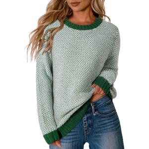 image:imageSidefeel Womens Long Sleeve Pullover Sweaters Casual Crewneck Chunky Knit Color Block Jumper TopsBlackish Green