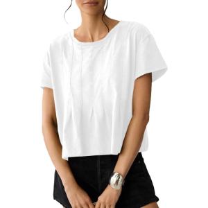 image:imageSidefeel Womens Short Sleeve Casual Basic T Shirts Summer Round Neck Pleated Tee Tops Blouses