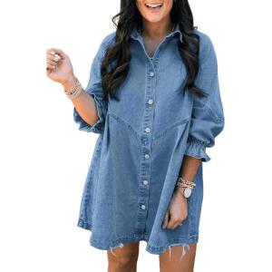 image:imageSidefeel Womens Smocked 3 4 Sleeve Button Down Denim Jeans DressesSky Blue
