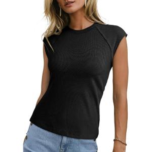 image:imageSidefeel Womens Tops Casual Crewneck Cap Sleeve Tops Ribbed Raw Hem Summer T Shirts Slim Fit Basic Tees BlousesBlack