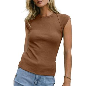image:imageSidefeel Womens Tops Casual Crewneck Cap Sleeve Tops Ribbed Raw Hem Summer T Shirts Slim Fit Basic Tees BlousesBrown