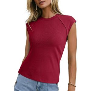 image:imageSidefeel Womens Tops Casual Crewneck Cap Sleeve Tops Ribbed Raw Hem Summer T Shirts Slim Fit Basic Tees BlousesBurgundy