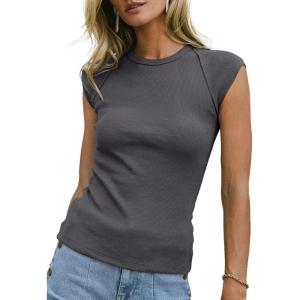 image:imageSidefeel Womens Tops Casual Crewneck Cap Sleeve Tops Ribbed Raw Hem Summer T Shirts Slim Fit Basic Tees BlousesDark Grey