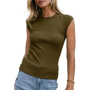 image:imageSidefeel Womens Tops Casual Crewneck Cap Sleeve Tops Ribbed Raw Hem Summer T Shirts Slim Fit Basic Tees BlousesMoss Green