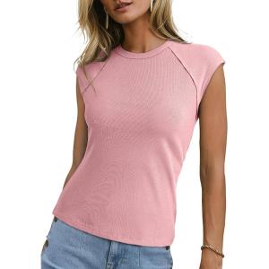 image:imageSidefeel Womens Tops Casual Crewneck Cap Sleeve Tops Ribbed Raw Hem Summer T Shirts Slim Fit Basic Tees BlousesPink