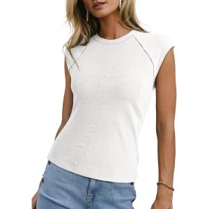 image:imageSidefeel Womens Tops Casual Crewneck Cap Sleeve Tops Ribbed Raw Hem Summer T Shirts Slim Fit Basic Tees BlousesWhite