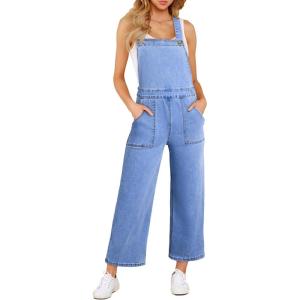 image:imageSidefeel Overalls for Women Casual Stretchy Adjustable Strap Denim Jumpsuits Wide Leg Loose Fit Cropped Jean Rompers