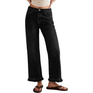 image:imageSidefeel Womens Jeans Wide Leg High Rise Stretchy Jeans Ruffle Hem Straight Leg Denim Pants with PocketsBlack