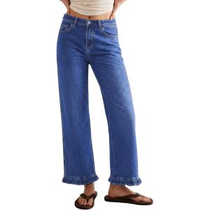 image:imageSidefeel Womens Jeans Wide Leg High Rise Stretchy Jeans Ruffle Hem Straight Leg Denim Pants with PocketsDark Blue