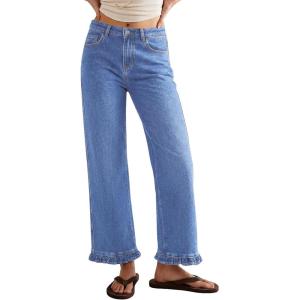 image:imageSidefeel Womens Jeans Wide Leg High Rise Stretchy Jeans Ruffle Hem Straight Leg Denim Pants with PocketsLight Blue